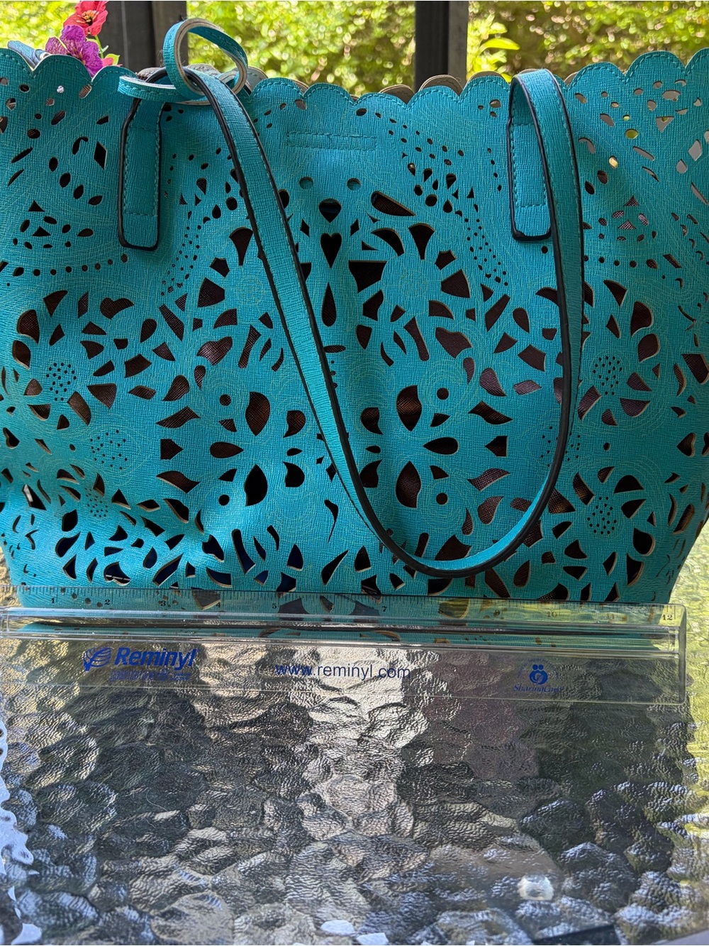 Teal Laser-Cut Floral Tote Bag - Women